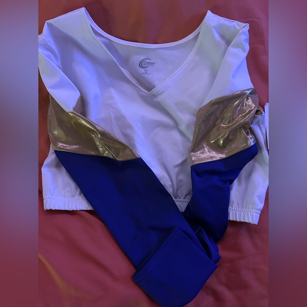 Cherokee adult Long Sleeve in White, purple, and Gold. Cheer Undertop